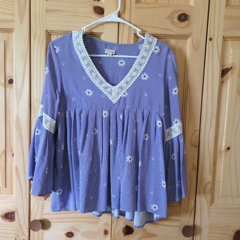 blue Boho Bell sleeved top, babydoll style Shirt